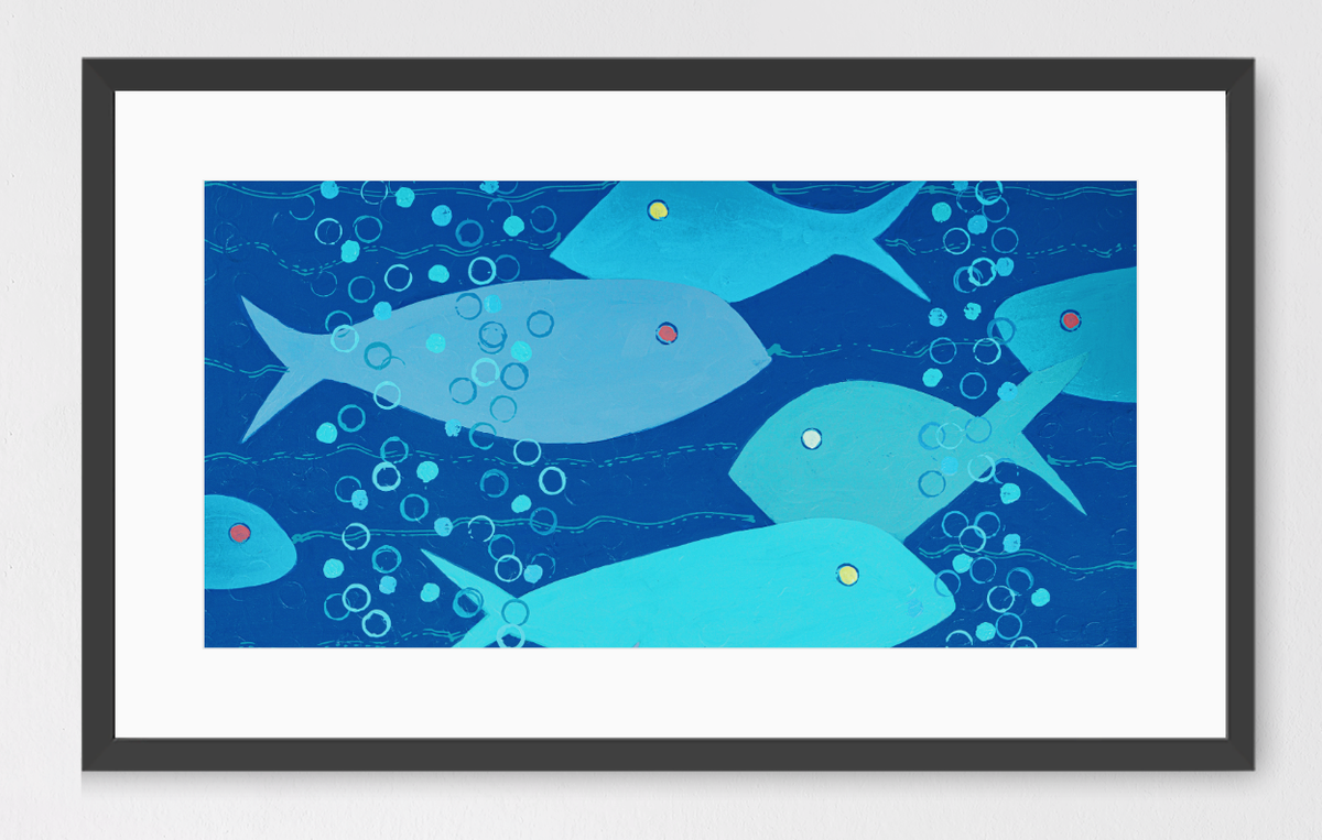 Bubbles in Blue - Panorama - Framed Abstract Fish Fine Art Print