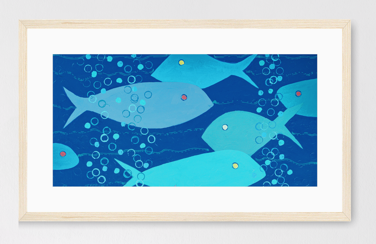 Bubbles in Blue - Panorama - Framed Abstract Fish Fine Art Print