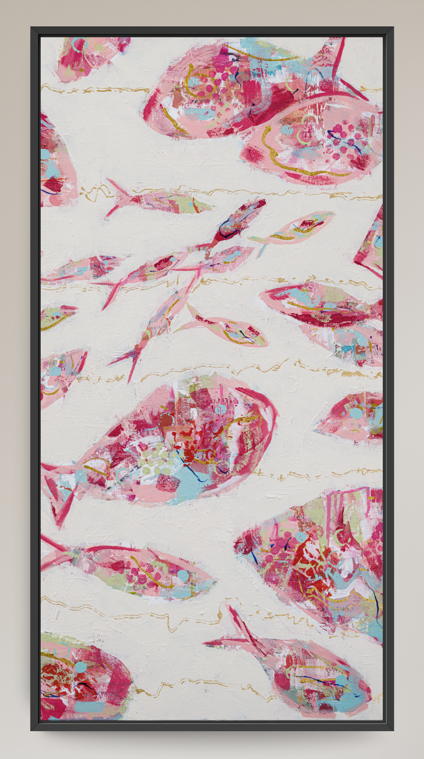 Framed wall art featuring a repeating pattern of pink and red fish with gold accents on a textured off-white background, enclosed in a thin black frame.