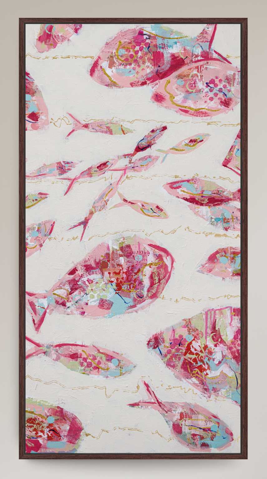 A framed vertical canvas art print featuring a pattern of stylized pink and red fish with gold accents on a white background, enclosed in a dark brown frame.