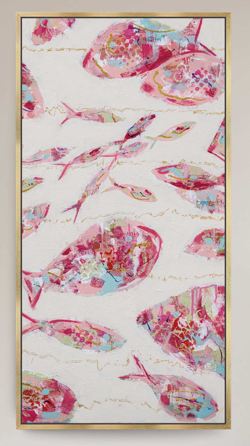 A framed vertical canvas art print featuring a pattern of pink, red, and light blue painted fish on a textured off-white background with thin gold lines, enclosed in a thin gold frame.