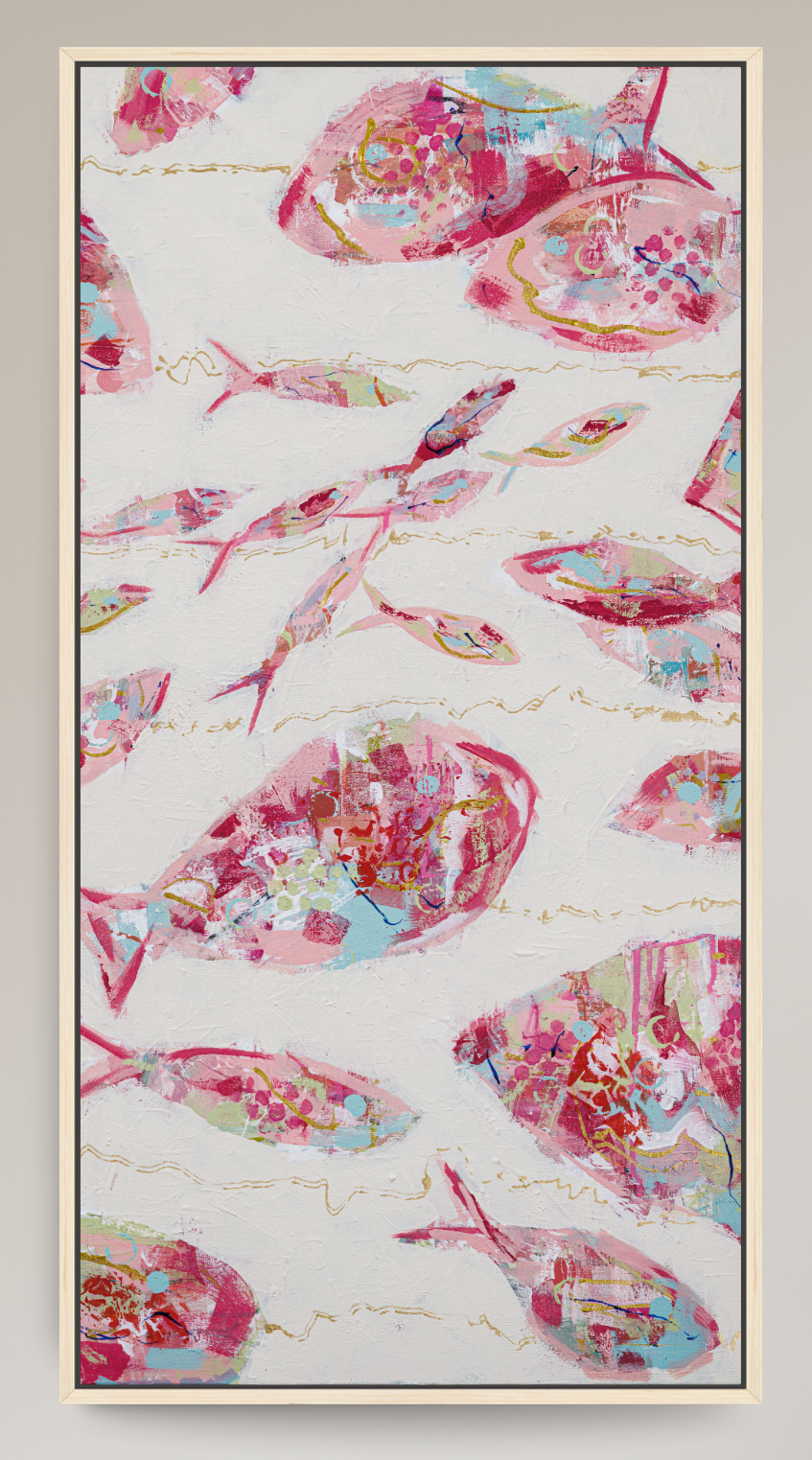 A framed abstract art print featuring stylized fish motifs in pink, red, and light blue tones over a white background with gold wavy lines, enclosed in a light wood frame.