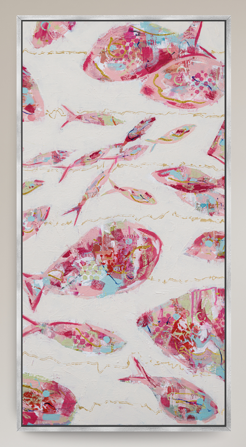 A framed canvas art print featuring a pattern of pink, red, and blue fish swimming on a textured off-white background, enclosed in a thin silver frame.