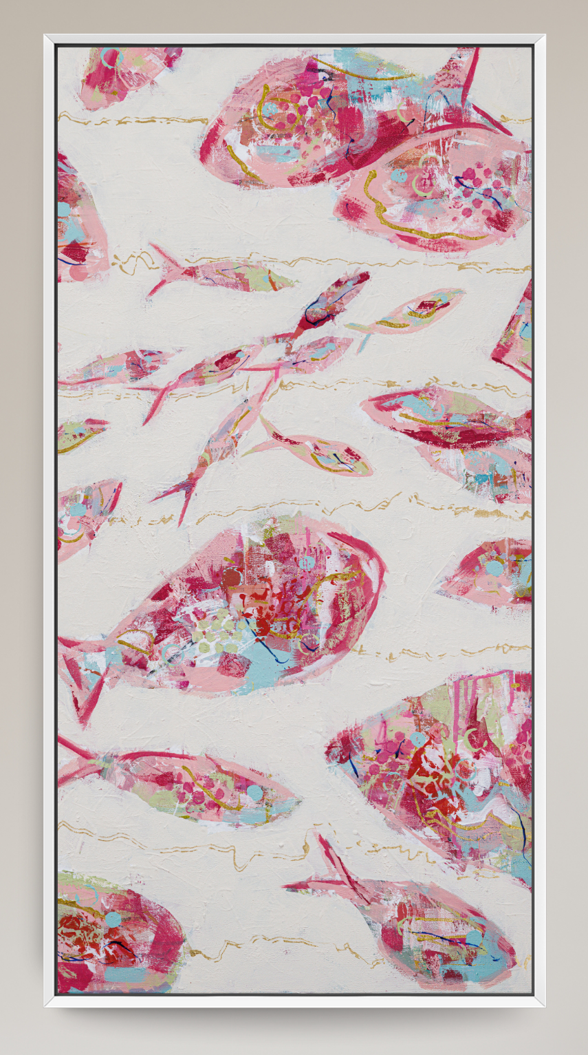 A framed abstract art print featuring pink and red fish motifs over a textured off-white background with subtle gold wavy lines.