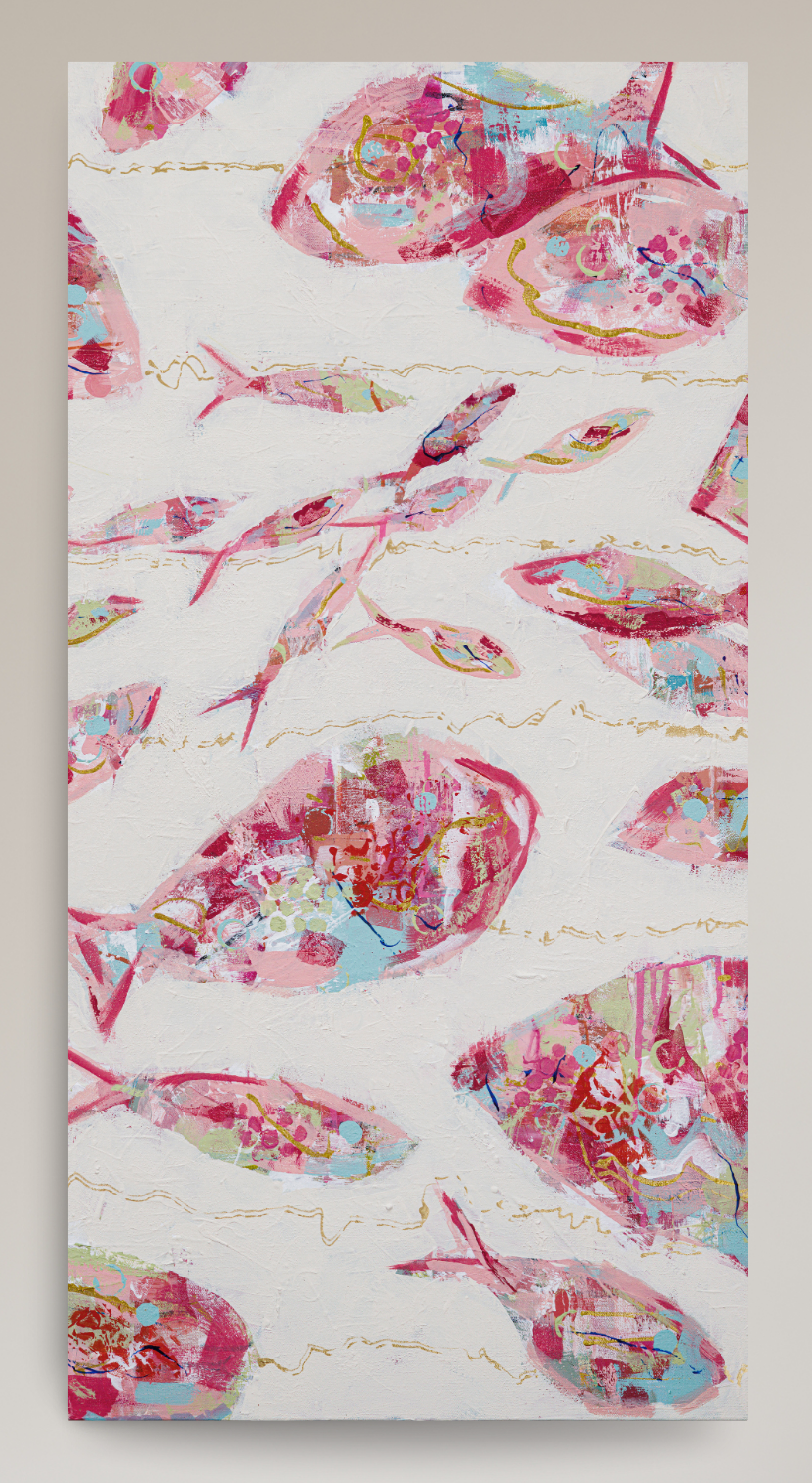 An abstract canvas painting featuring a pattern of stylized fish in pink, red, and light blue with gold accents on a textured off-white background.