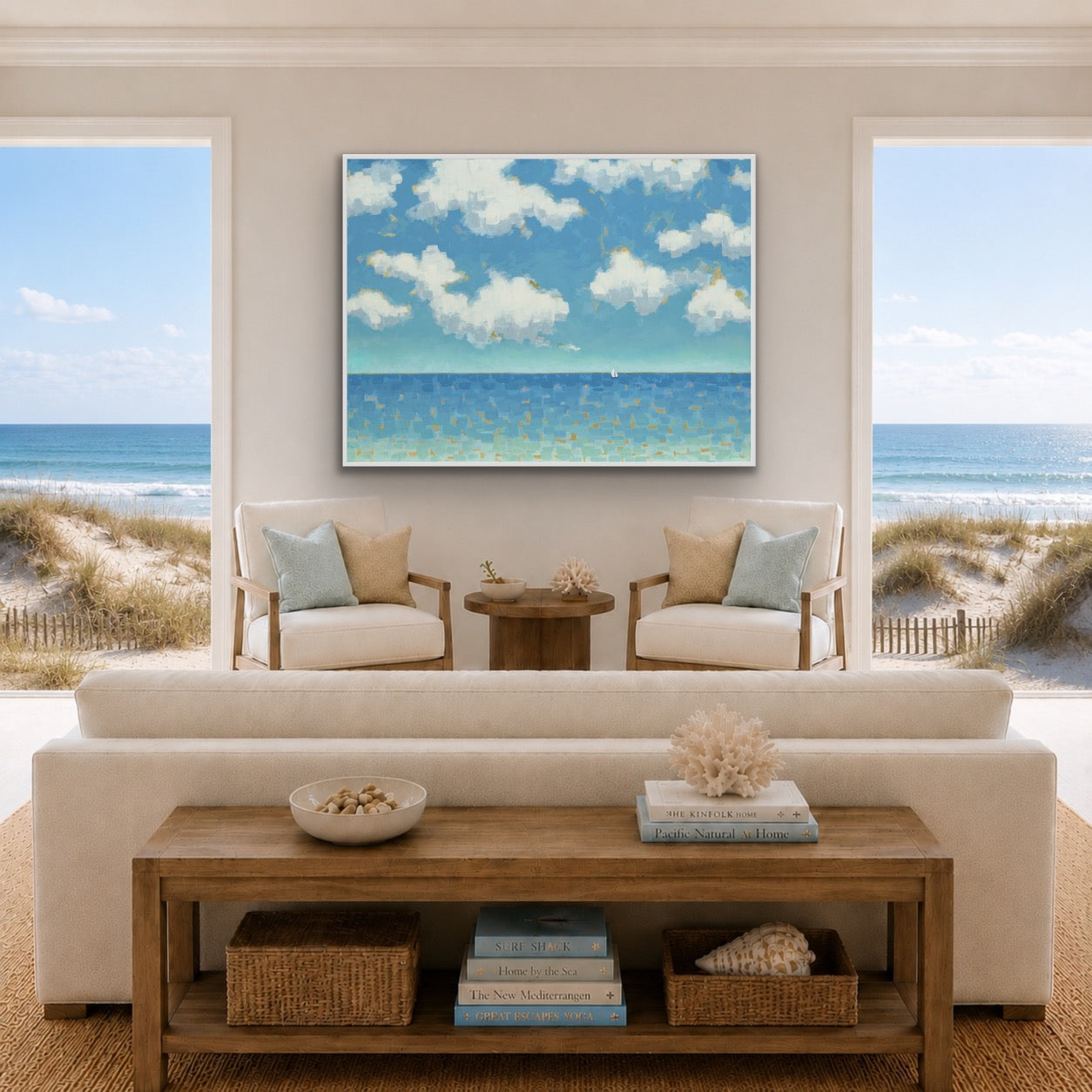 Sunny Seascape with Sailboat Giclée Canvas - Far and Free – Horizontal Edition
