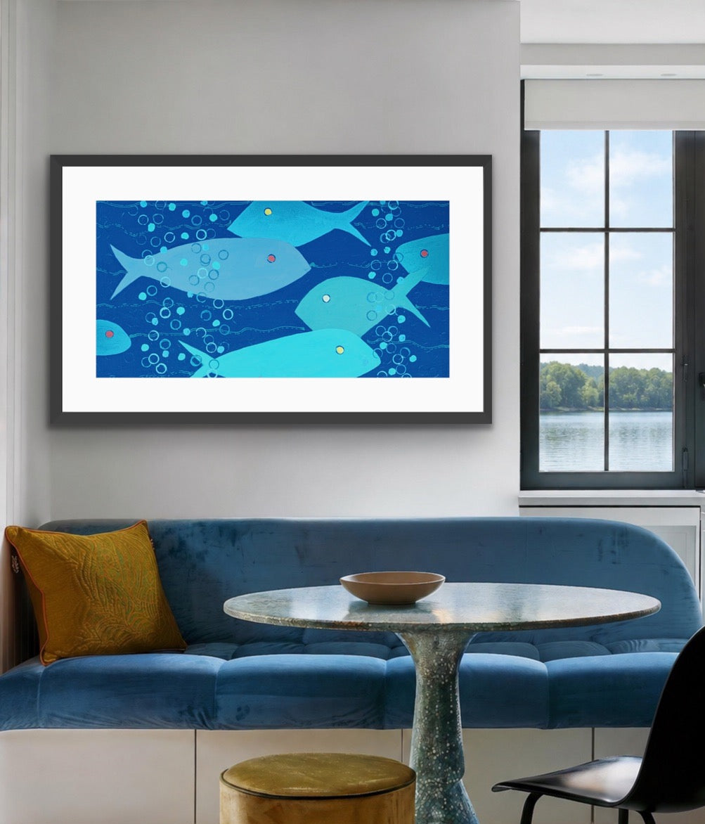 Bubbles in Blue - Panorama - Framed Abstract Fish Fine Art Print