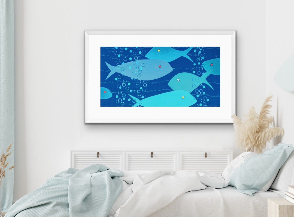 Bubbles in Blue - Panorama - Framed Abstract Fish Fine Art Print