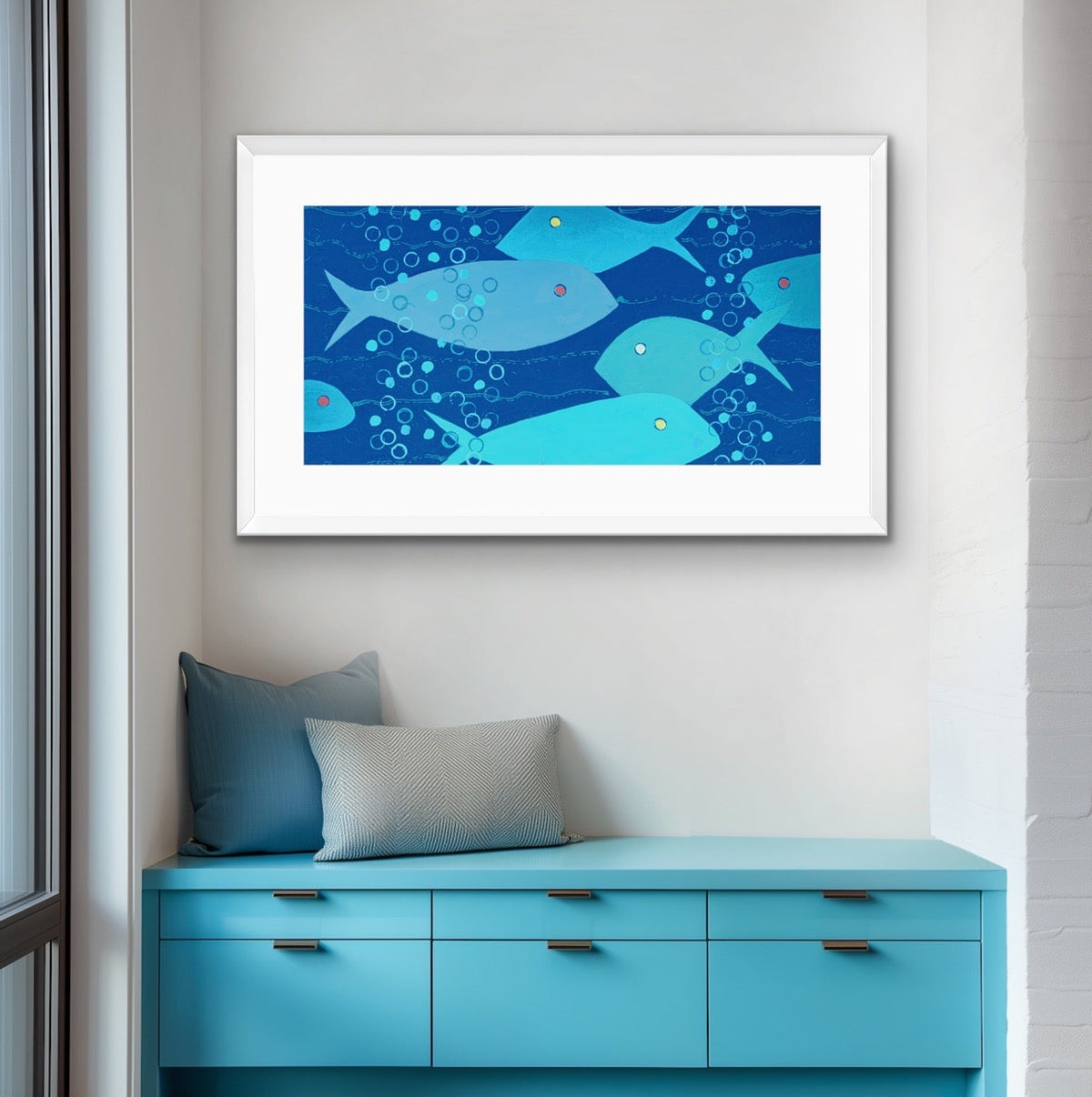 Bubbles in Blue - Panorama - Framed Abstract Fish Fine Art Print