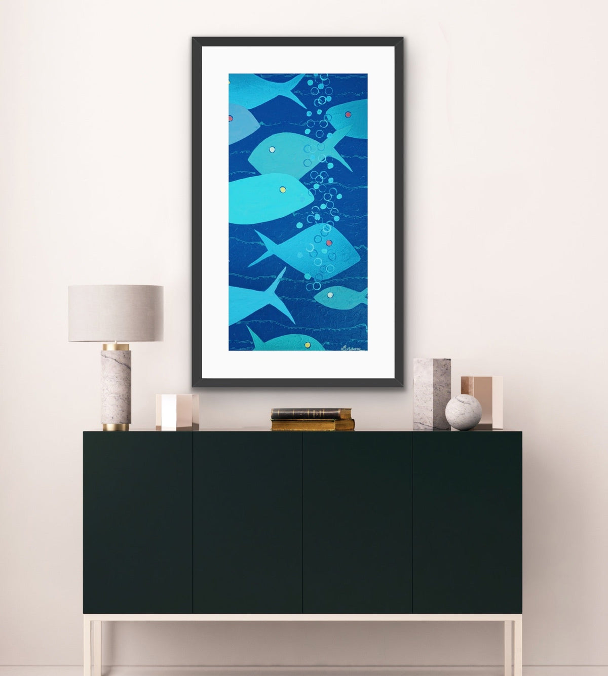Abstract Fish Print - Bubbles in Blue - Tall