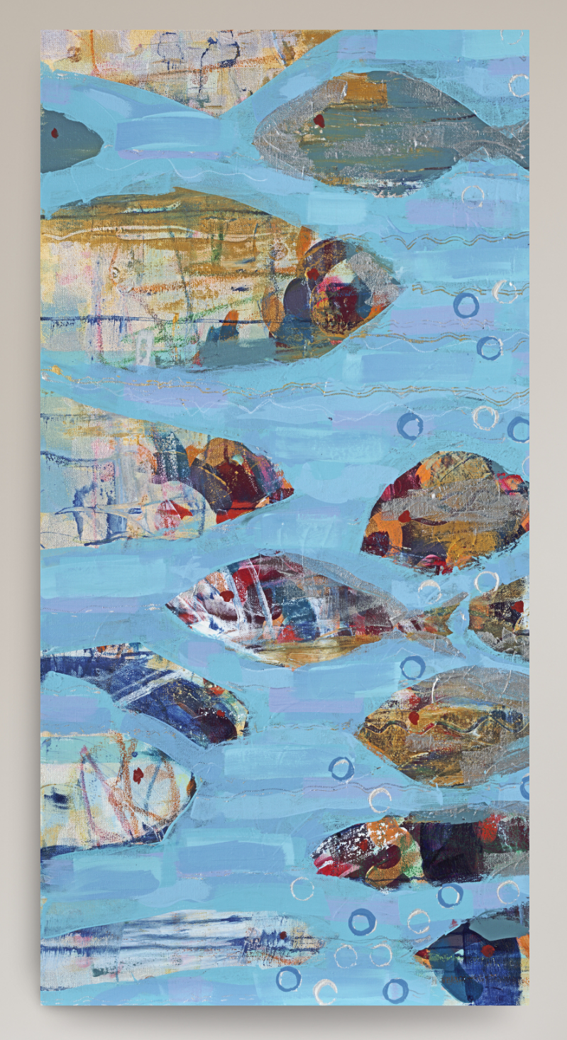 An abstract mixed-media painting depicting fish swimming in light blue water, featuring textured paint layers in blue, beige, brown, and red tones.