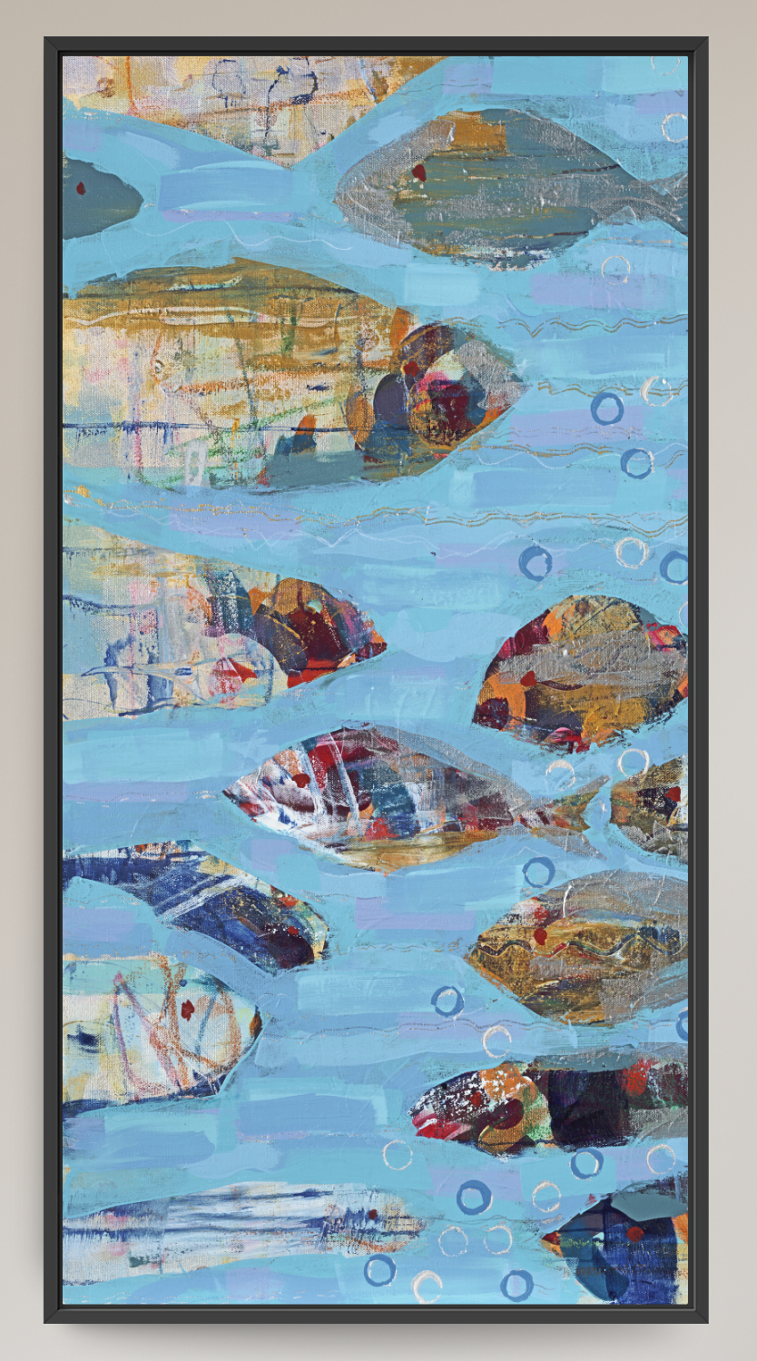 A framed abstract artwork depicting fish swimming in a light blue water-like background, with layered textured paint and mixed earthy tones including brown, gold, red, and dark blue. The piece is presented in a thin dark frame against a neutral light gray background.