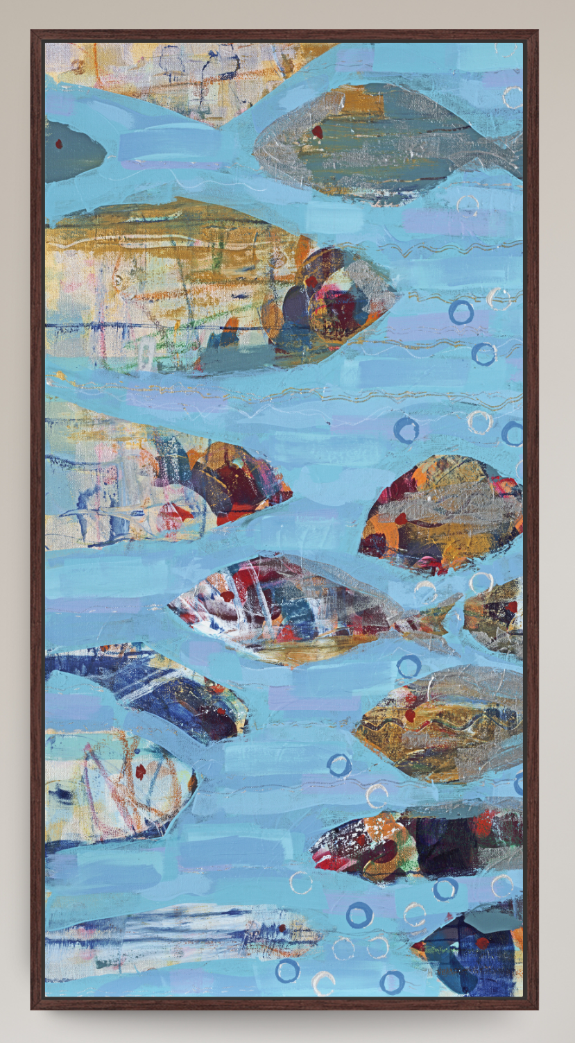 A framed abstract artwork depicting stylized fish swimming in a light blue water-like composition, with mixed textures and earthy accents, shown against a plain light background.