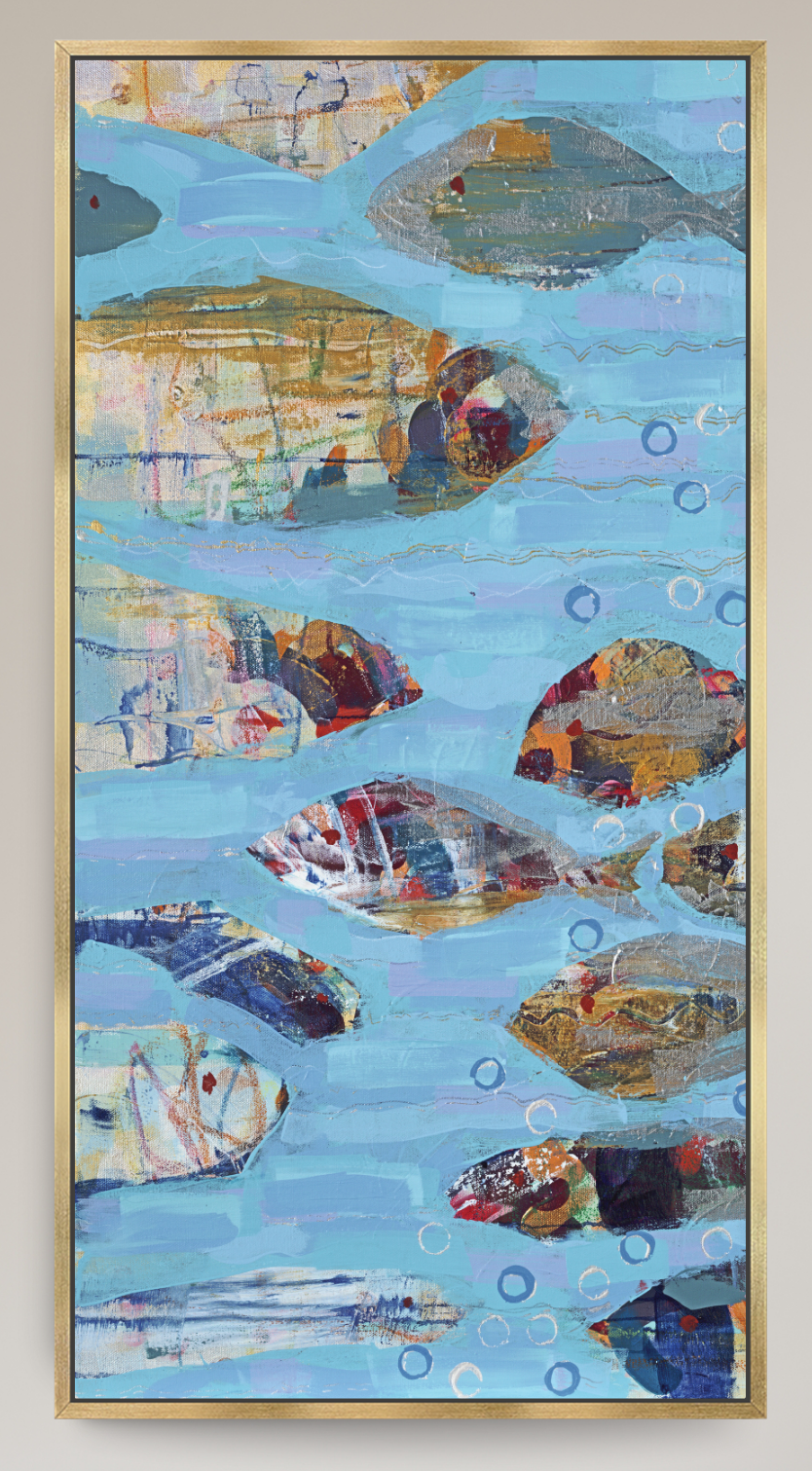 An abstract mixed-media painting of fish swimming in blue water, framed in a thin gold-toned border. The artwork features textured brushstrokes and collage elements in shades of blue, beige, brown, and red.