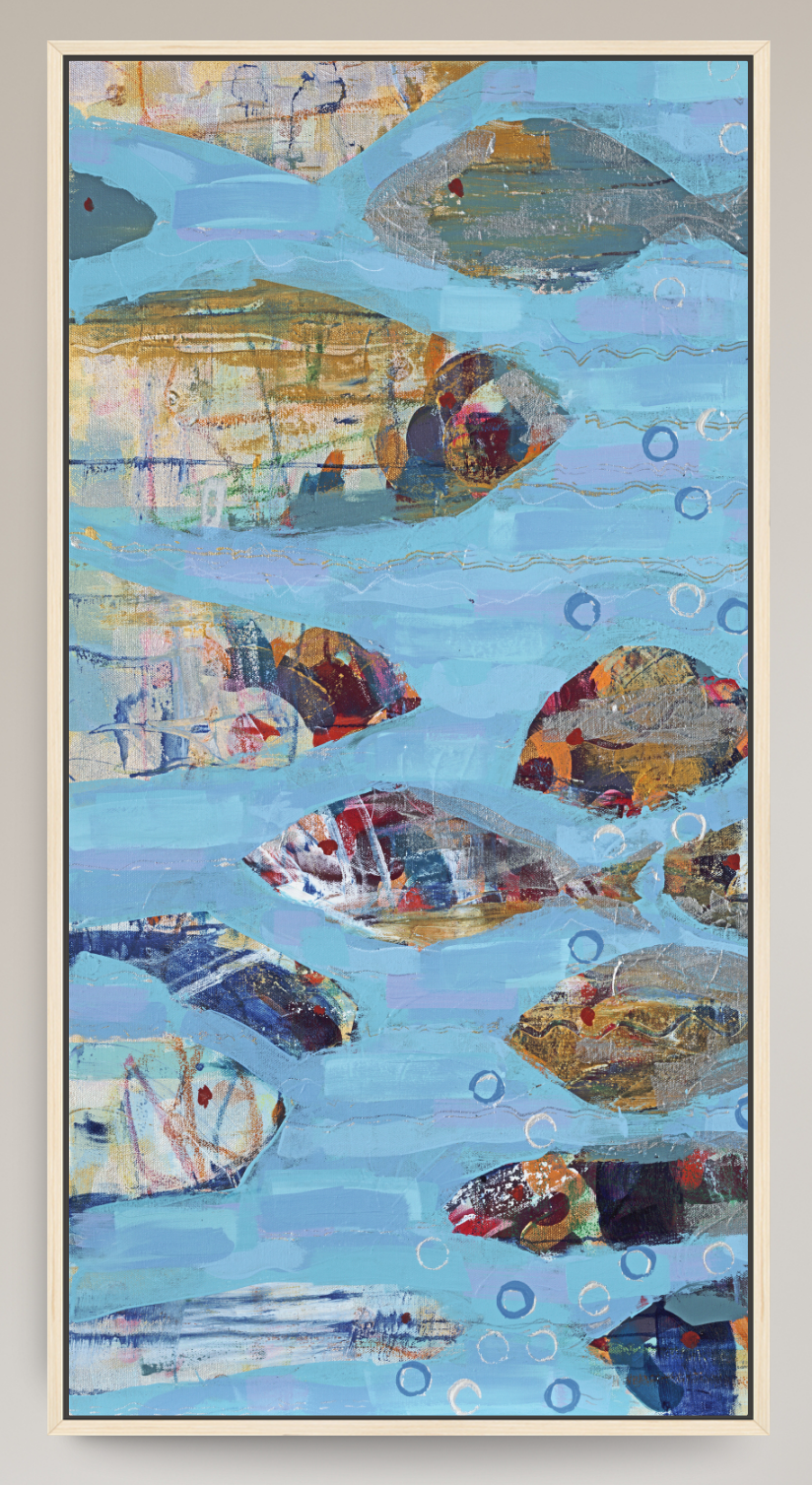 An abstract mixed-media painting depicting fish swimming underwater, featuring textured brushstrokes in light blue, teal, beige, brown, and red, presented in a thin light wood frame.