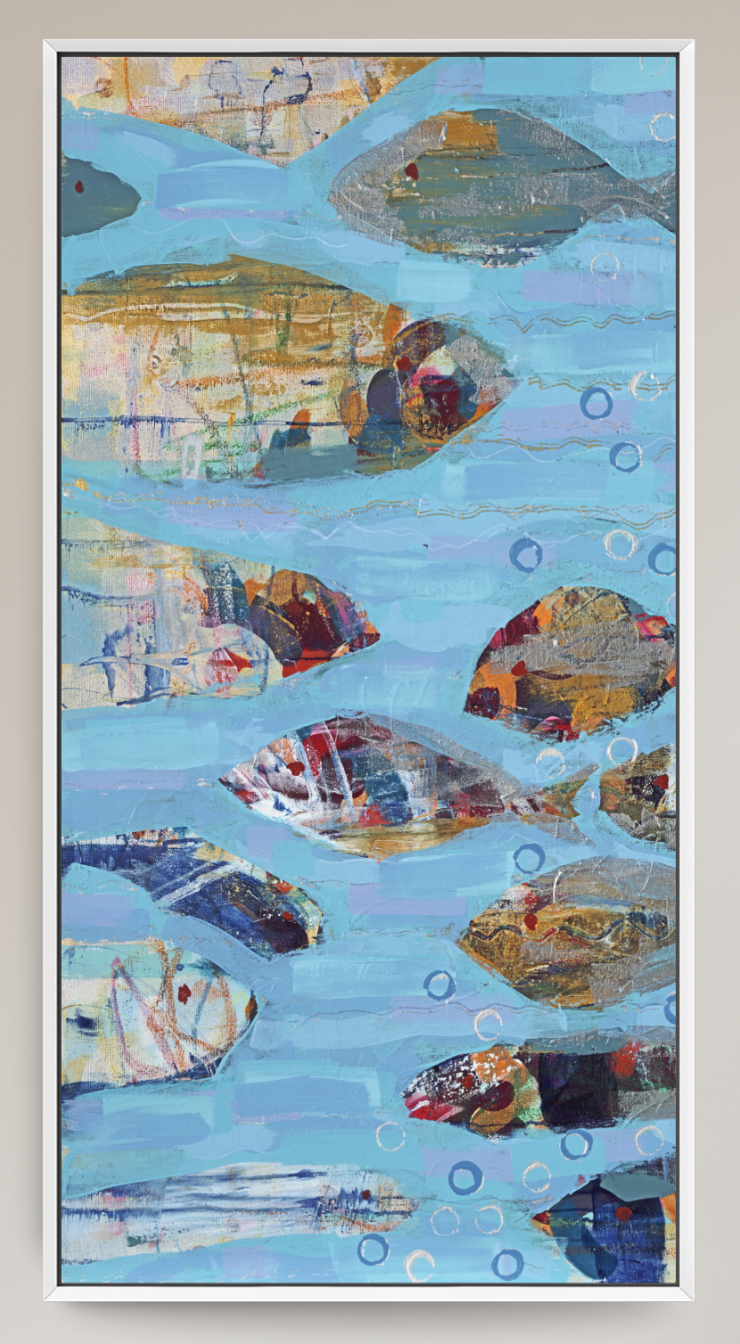 An abstract mixed-media painting of fish swimming in a light blue water-like background, framed in a thin white border. The fish are rendered with textured brushstrokes in blue, gray, brown, orange, and red tones, with small bubble motifs scattered throughout.