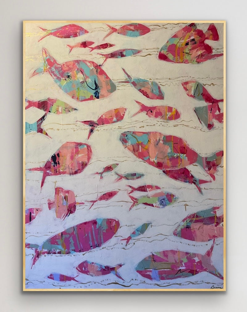 Abstract ocean fish original artwork by Martha Brane, expressing flow, abundance, and collective movement in coastal tones