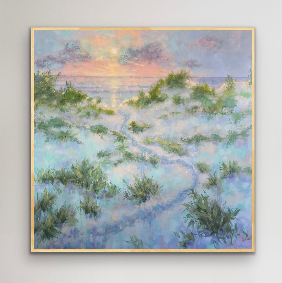 Abstract coastal pathway original artwork by Martha Brane, evoking calm movement through dunes toward the sea