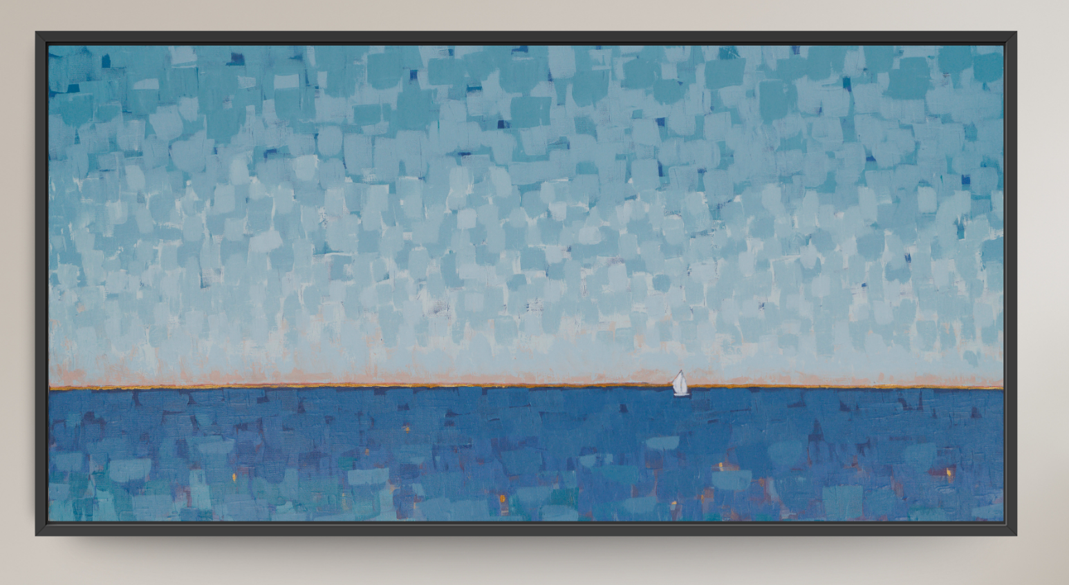 A framed horizontal landscape painting featuring a textured sky in shades of light blue and white above a deep blue sea, with a tiny white sailboat near the horizon.