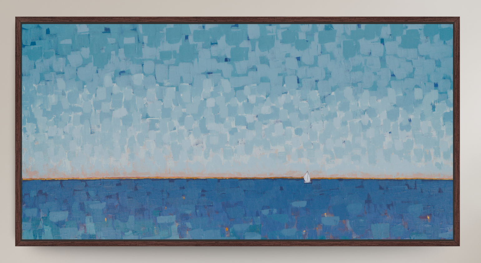 An abstract landscape painting of a sea and sky, featuring textured blocks of light blue, medium blue, and deep navy, with a small white sailboat on the horizon. The painting is housed in a dark brown wooden frame and displayed on a neutral beige wall.