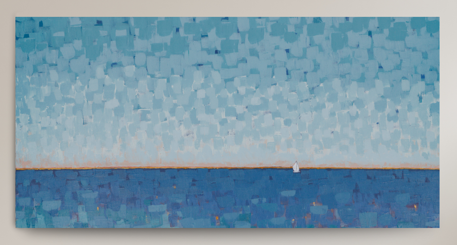 An abstract landscape painting featuring a textured sky in shades of light and medium blue, meeting a darker blue sea at a horizon line with a tiny white sailboat.