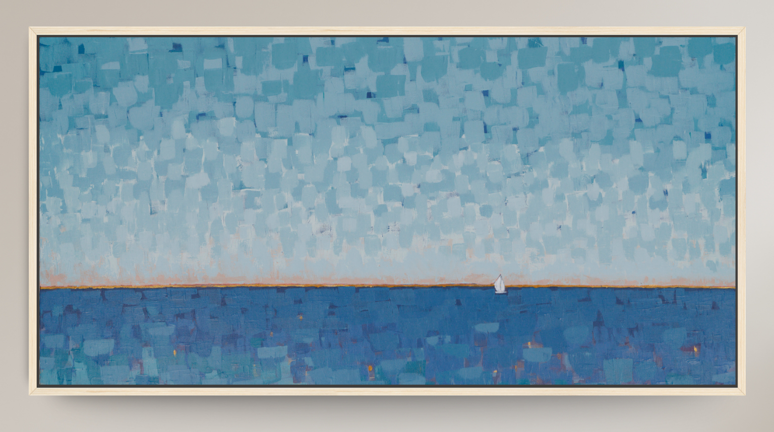 An abstract landscape painting featuring a textured sky in shades of light and medium blue, a thin warm horizontal horizon line, and a deep blue sea below with a tiny white sailboat. The artwork is presented in a thin light wood frame against a neutral beige wall.