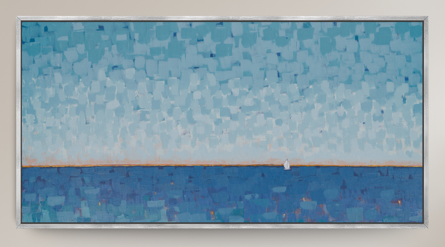 A framed horizontal landscape painting featuring a textured sky in shades of light and medium blue above a darker blue sea, with a thin warm horizon line and a small white sailboat near the center.