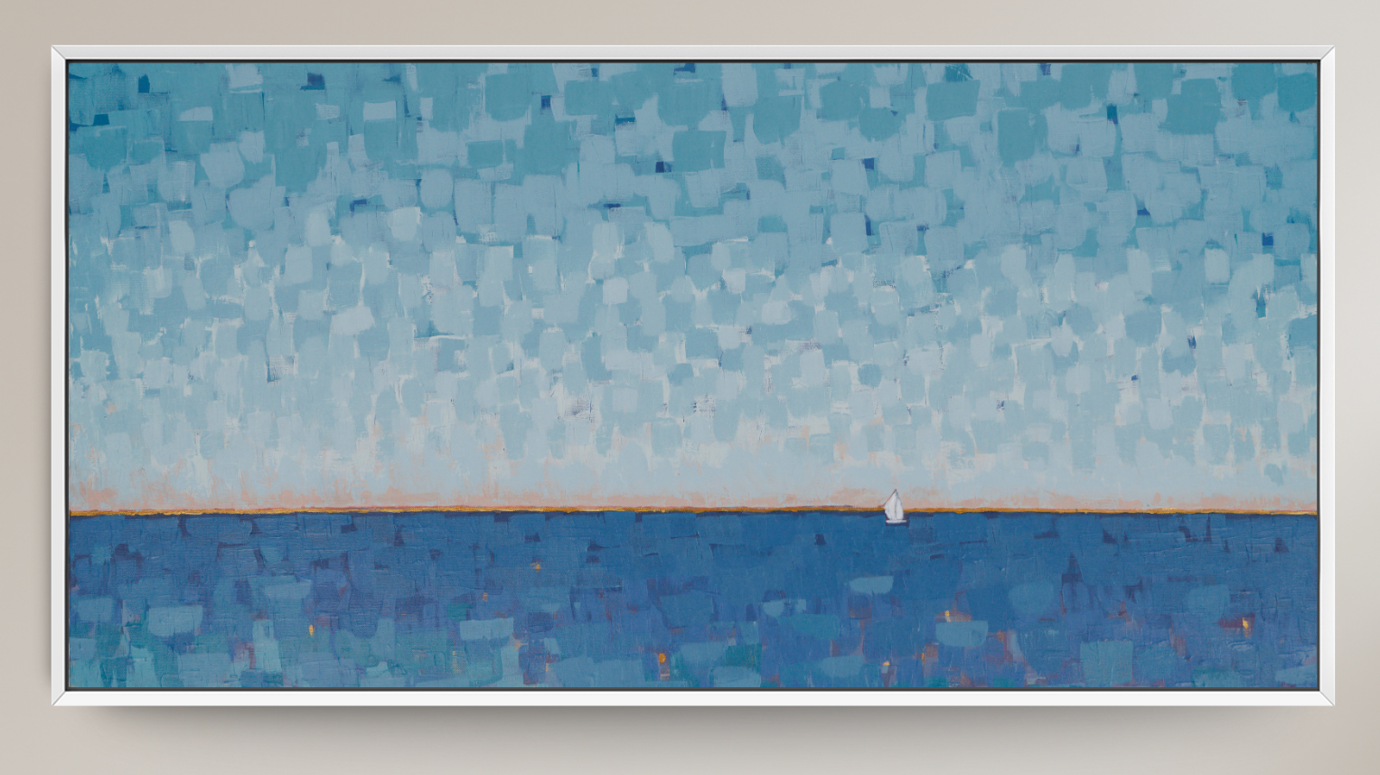 An abstract landscape painting featuring a textured sky and sea in shades of blue, with a tiny white sailboat near the horizon, enclosed in a white frame.