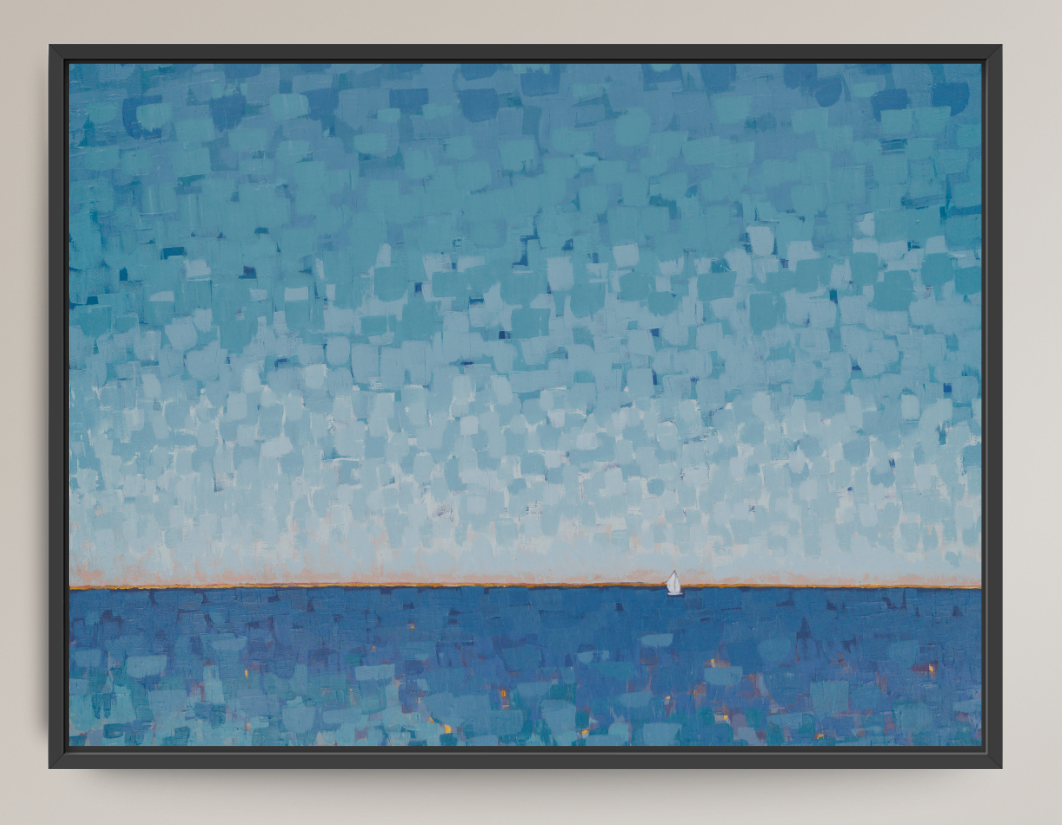 A framed square painting depicting a seascape with a textured blue sky and ocean, hung on a light beige wall.