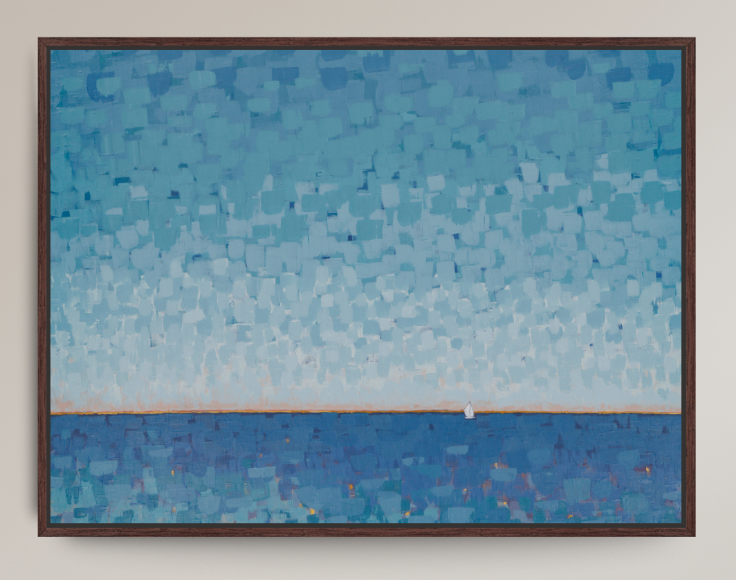 A framed abstract landscape painting featuring a textured blue sky and sea, with a small white sailboat near the horizon, displayed on a light beige wall.