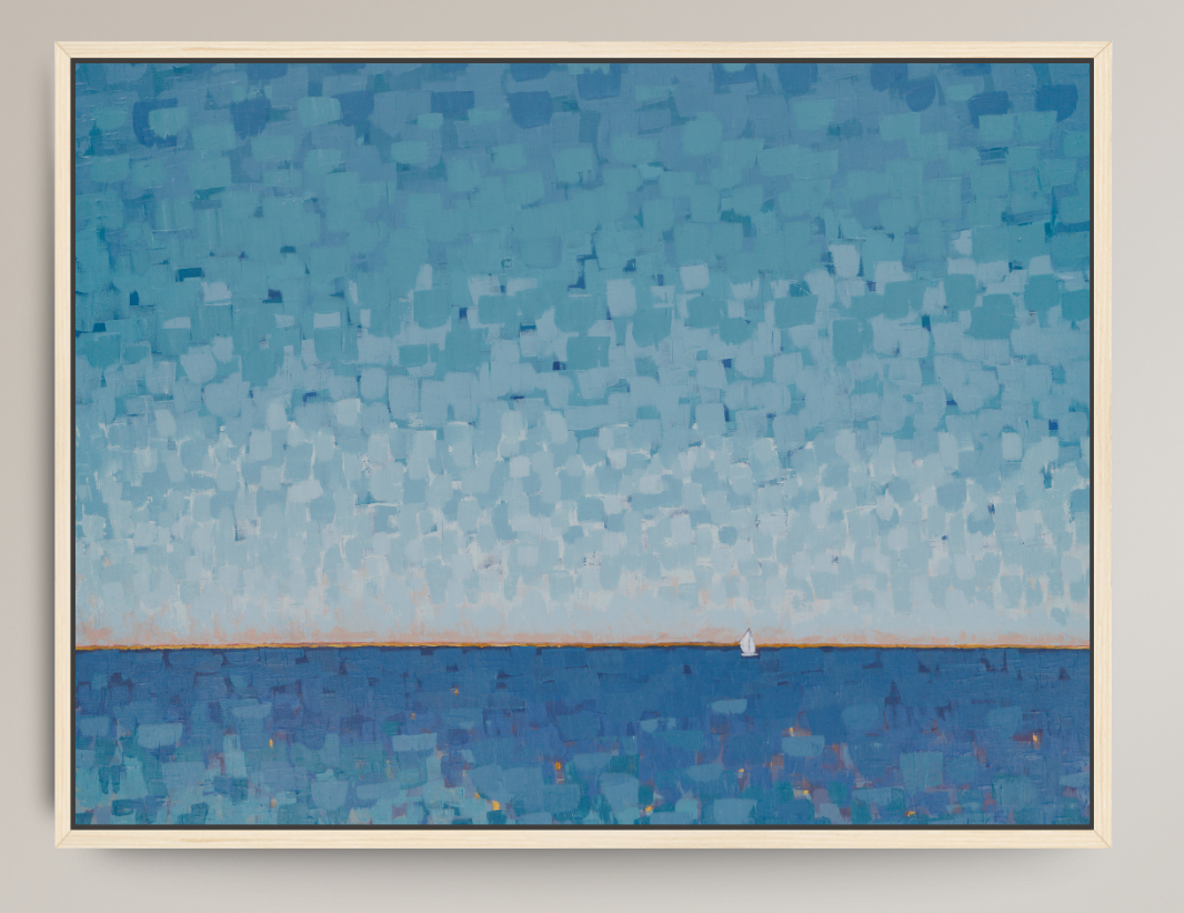 A square framed painting depicting a textured blue seascape with a pale sky and a small sailboat on the horizon, mounted on a light beige wall.