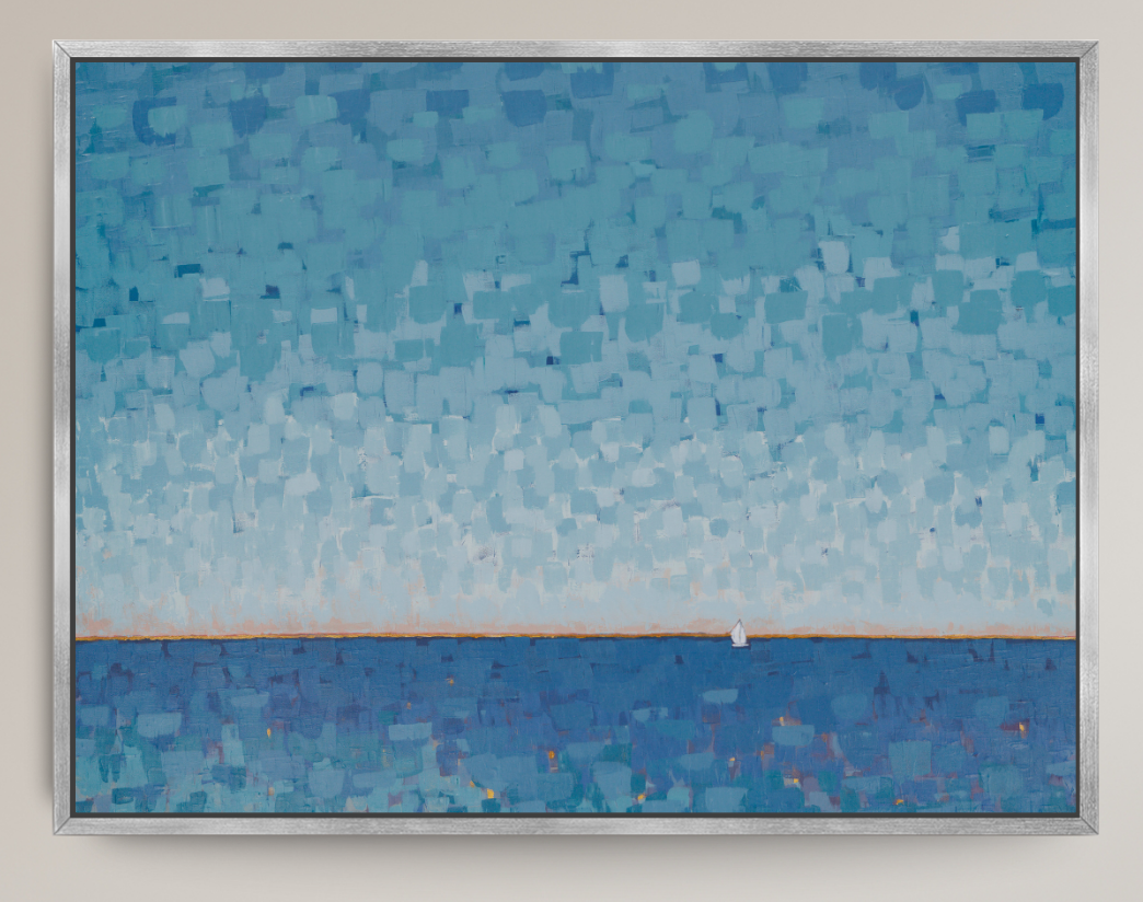 A framed abstract landscape painting featuring a textured sky and sea in shades of blue, with a small white sailboat near the horizon, enclosed in a silver frame.