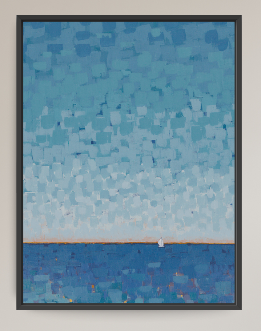 A framed abstract landscape painting featuring a textured blue sky and sea, with a small white sailboat near the horizon, presented in a dark frame against a neutral beige wall.