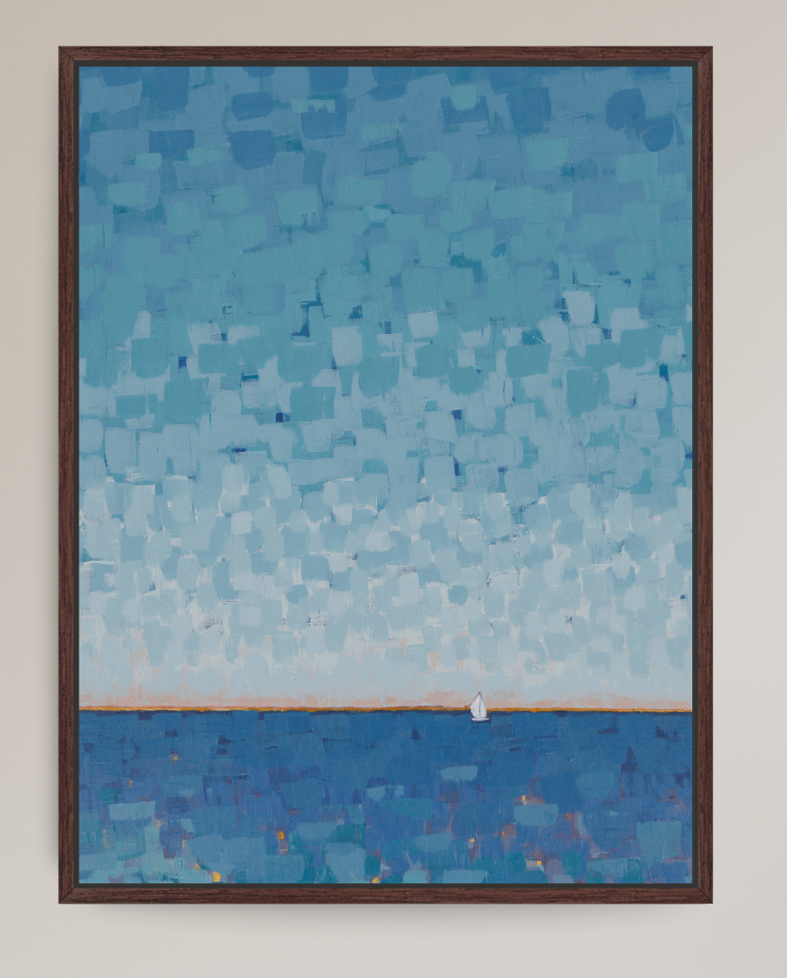 A framed abstract landscape painting featuring a textured blue sky gradient meeting a deep blue sea at the horizon, with a small white sailboat near the center. The artwork is enclosed in a dark brown wooden frame and displayed against a neutral beige wall.