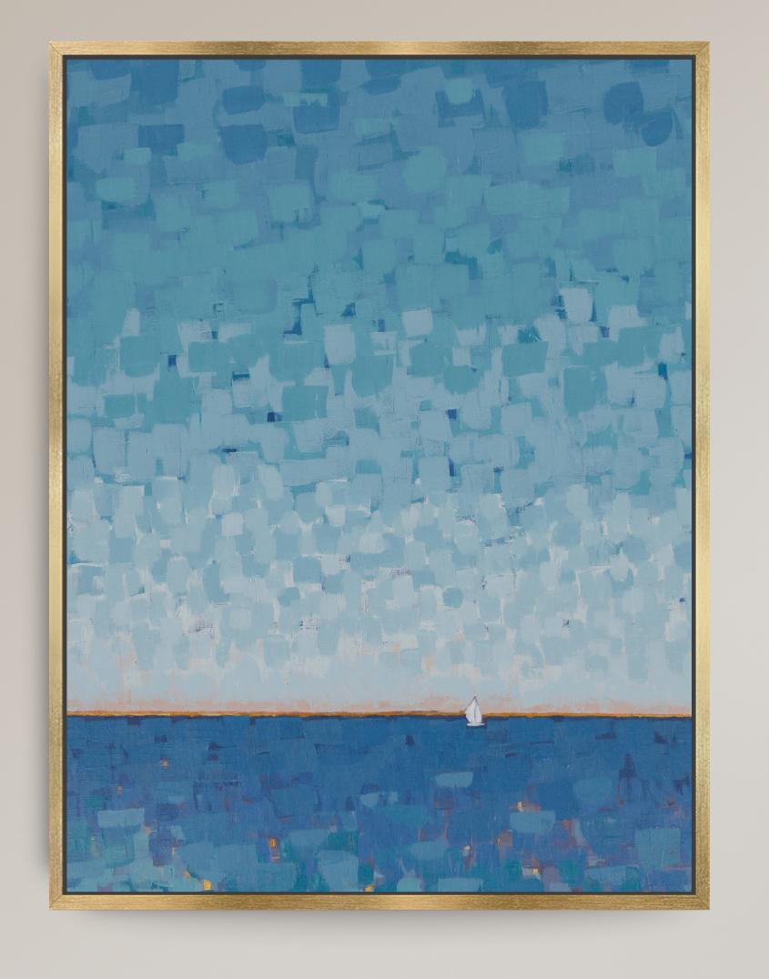 A framed abstract landscape painting featuring a textured sky gradient from light blue to deep blue, with a small white sailboat on a blue sea at the horizon, enclosed in a thin gold frame.