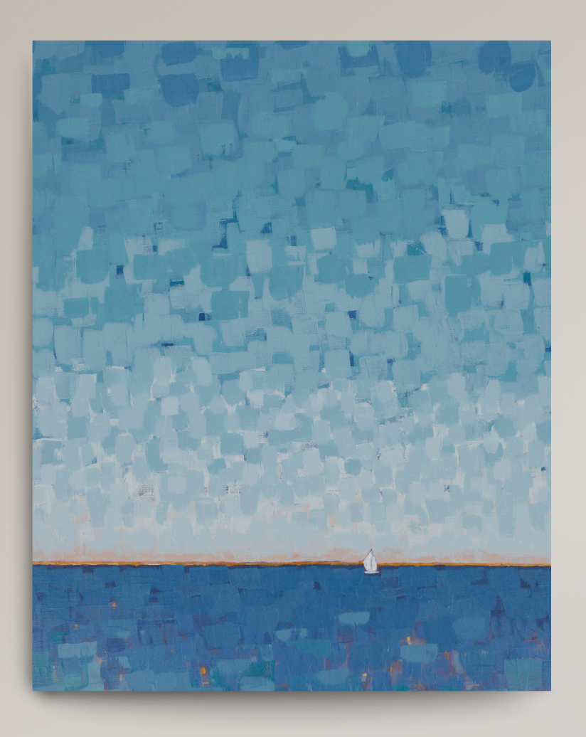 An abstract blue painting depicting a seascape with a textured sky and ocean, featuring a small white sailboat on the horizon, shown hanging on a neutral beige wall.