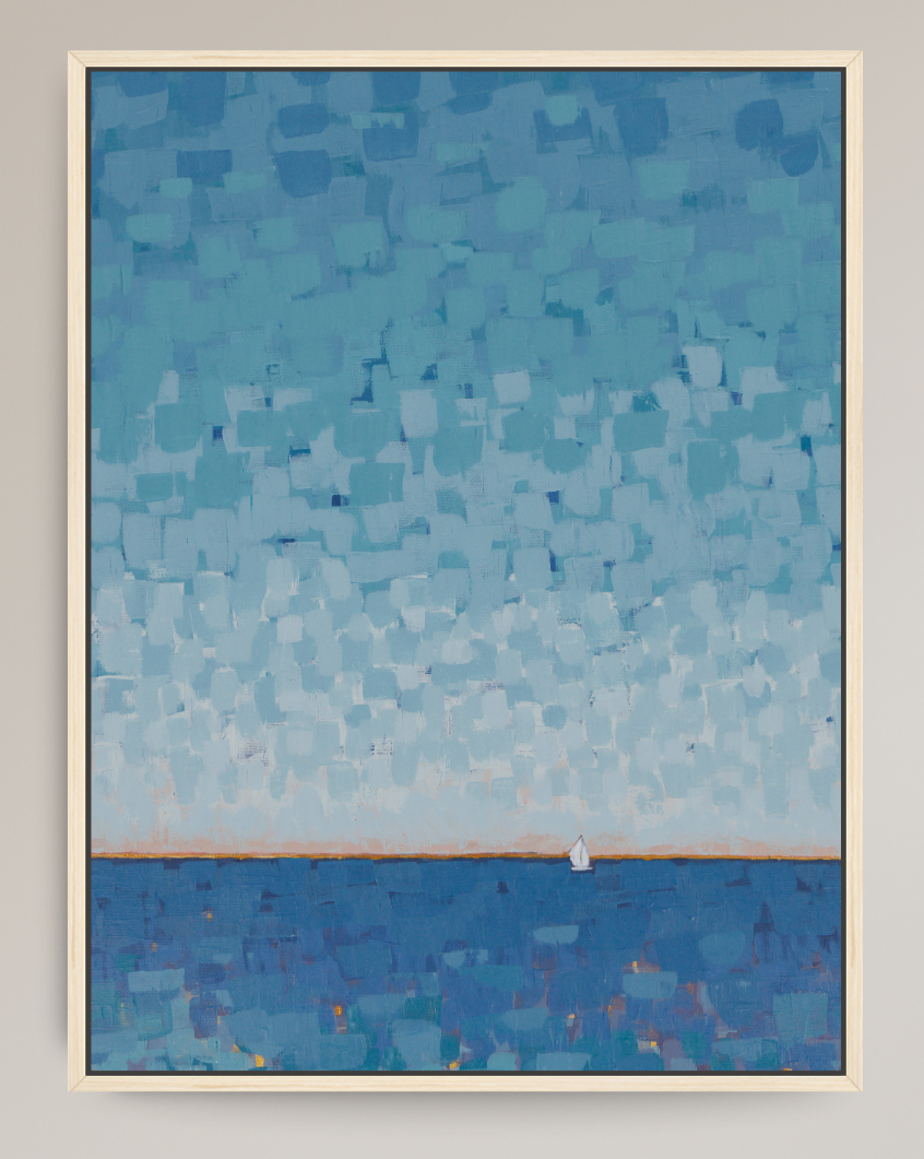 A framed abstract landscape painting featuring a textured sky gradient from light blue to deep blue, with a small white sailboat on a horizon line over a blue sea.