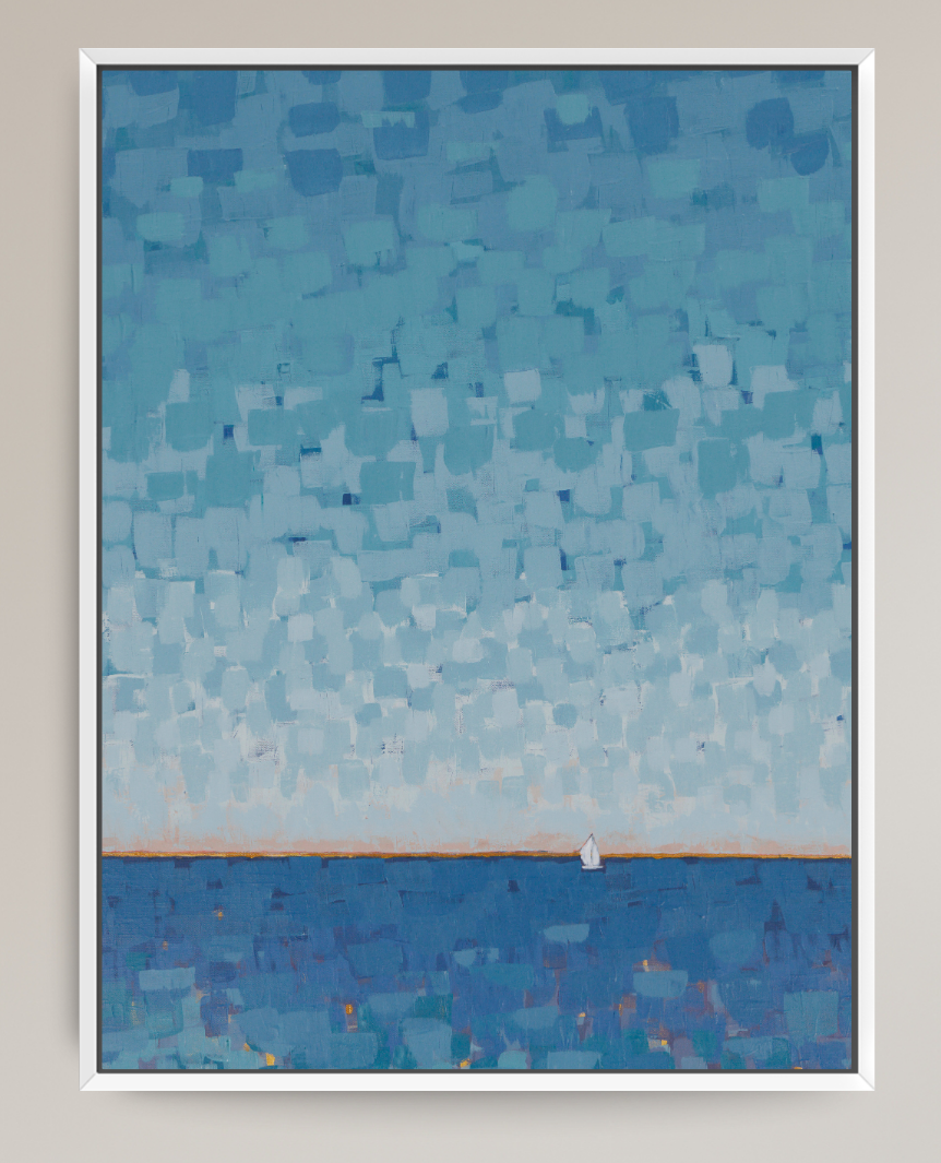 An abstract landscape painting of a sea and sky, featuring textured blocks of blue and teal tones with a small white sailboat on the horizon, presented in a white frame against a neutral beige wall.