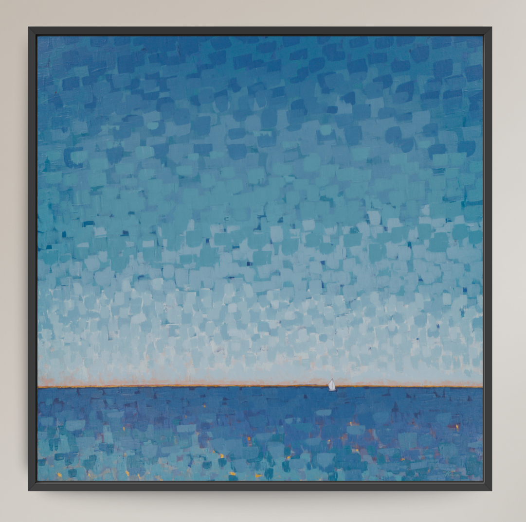 A framed square painting featuring an abstract seascape in shades of blue, with a textured sky-like upper half and a darker blue water-like lower half, hung on a light beige wall.