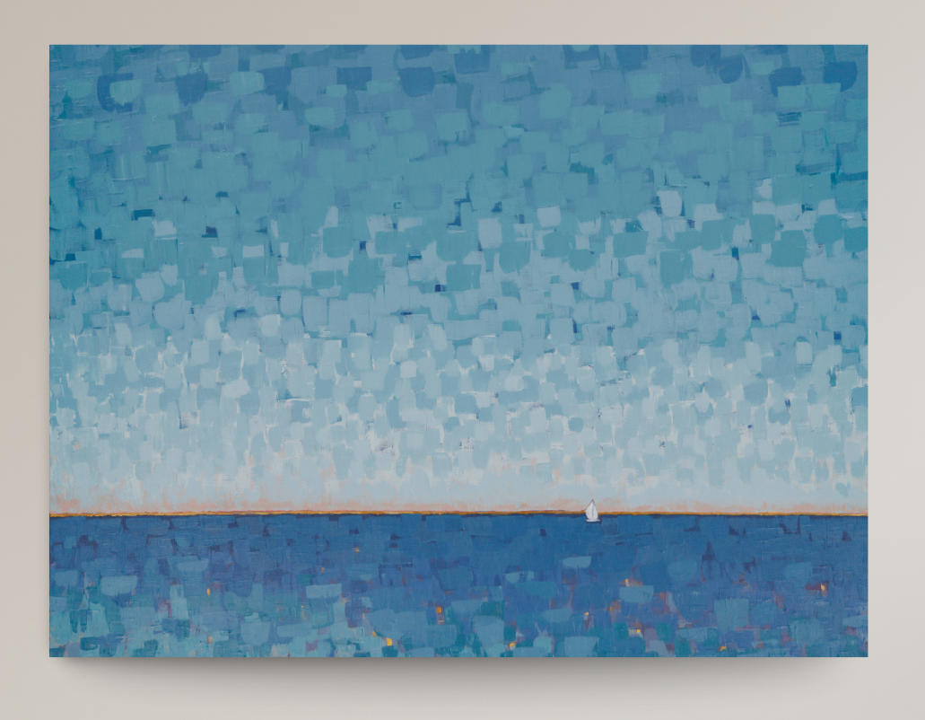 A square abstract landscape painting featuring a textured blue sky gradient meeting a deep blue sea at a horizon line, with a tiny white sailboat in the distance, shown against a neutral beige wall.