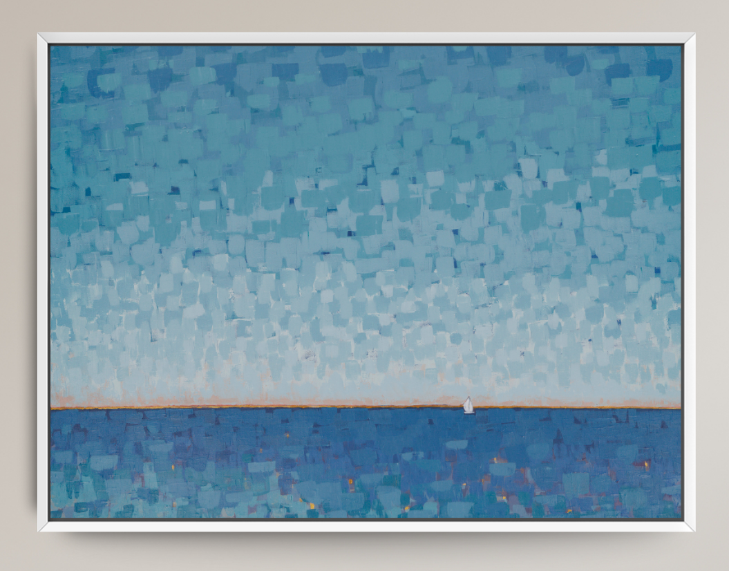 A framed square painting depicting a seascape with a textured blue sky and ocean, a small sailboat on the horizon, and a white frame against a light beige wall.