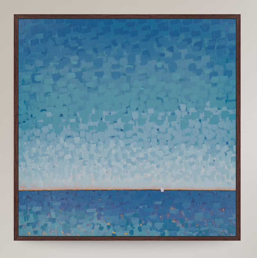A square framed painting featuring an abstract seascape in shades of blue, with a textured sky and ocean meeting at a horizon line, shown against a light neutral wall.