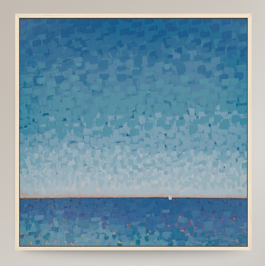A square abstract painting of a seascape, featuring a textured blue sky gradient meeting a darker blue horizon, with a small white boat near the center. The artwork is presented with a light beige border against a neutral gray background.
