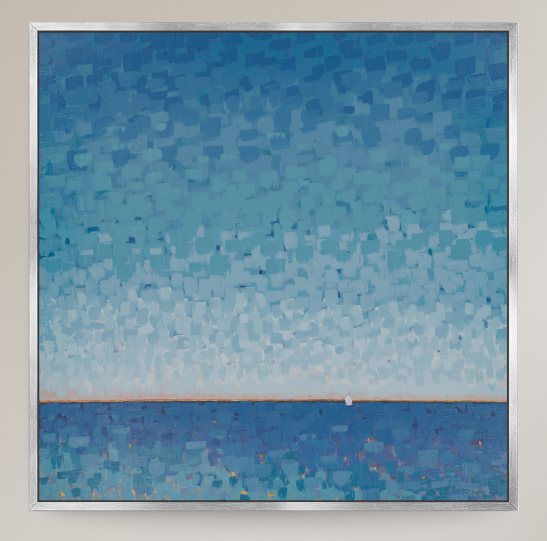 A square framed painting depicting a blue seascape with a textured, mosaic-like sky and sea, mounted on a light beige wall.