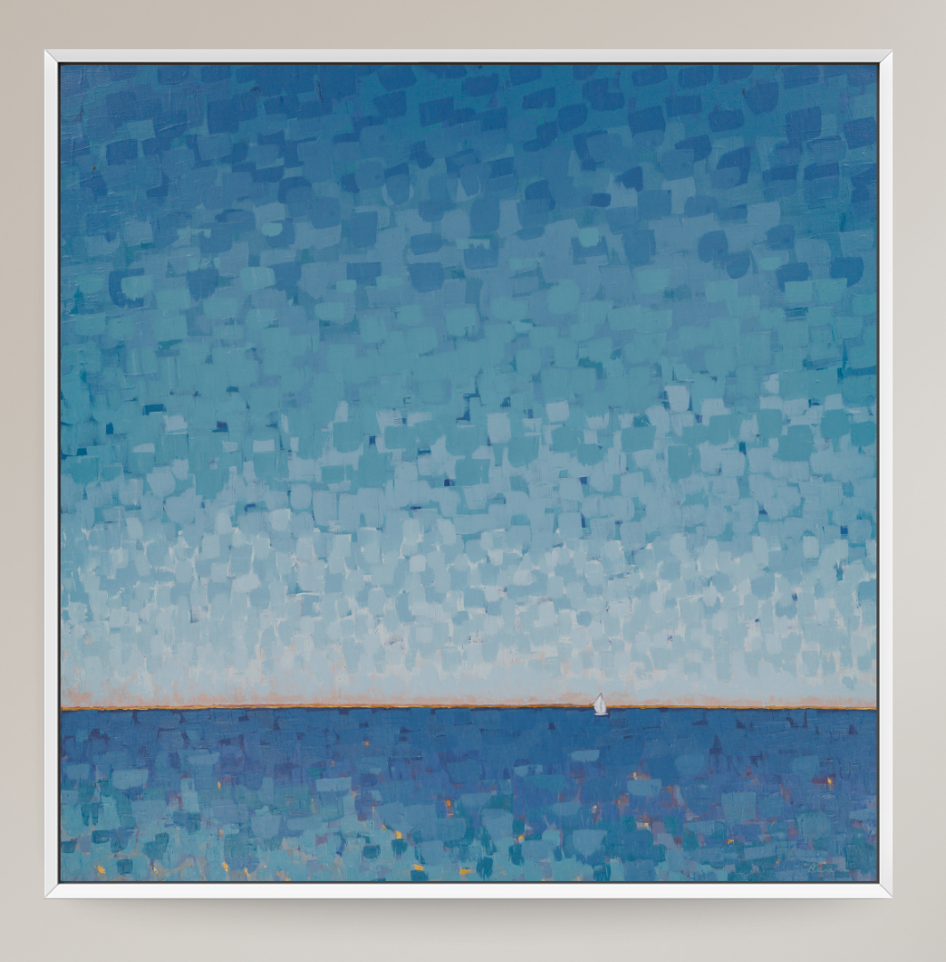 A square framed painting depicting a calm blue seascape with a textured pixelated sky and horizon, shown against a light beige background.