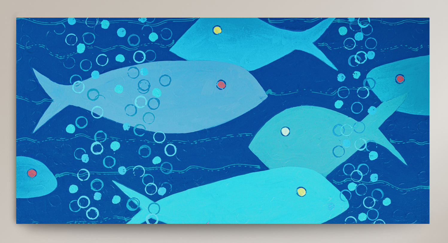 An abstract square art print depicting a school of fish swimming underwater, rendered in shades of blue, teal, and black with textured paint details.