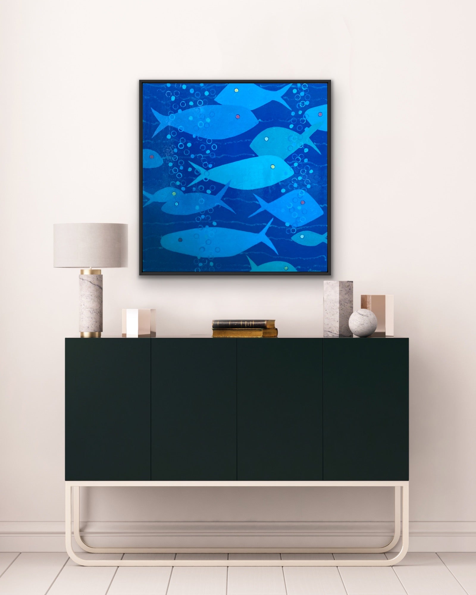 30” x 30” coastal fish artwork in blue tones with modern, serene movement.