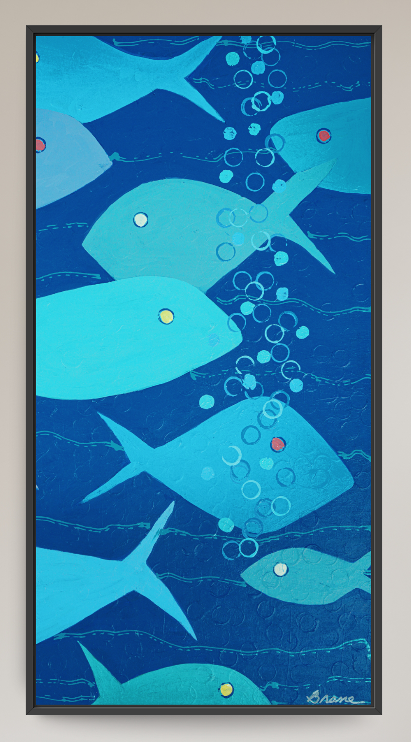 A framed abstract art print depicting stylized blue and turquoise fish swimming upwards with bubble lines on a deep blue background, enclosed in a thin black frame.