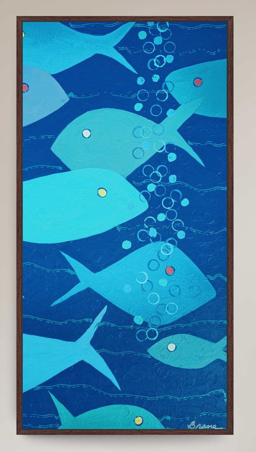 A framed abstract art print depicting stylized blue and turquoise fish swimming underwater with rising bubbles, set against a dark blue background and enclosed in a dark brown frame.