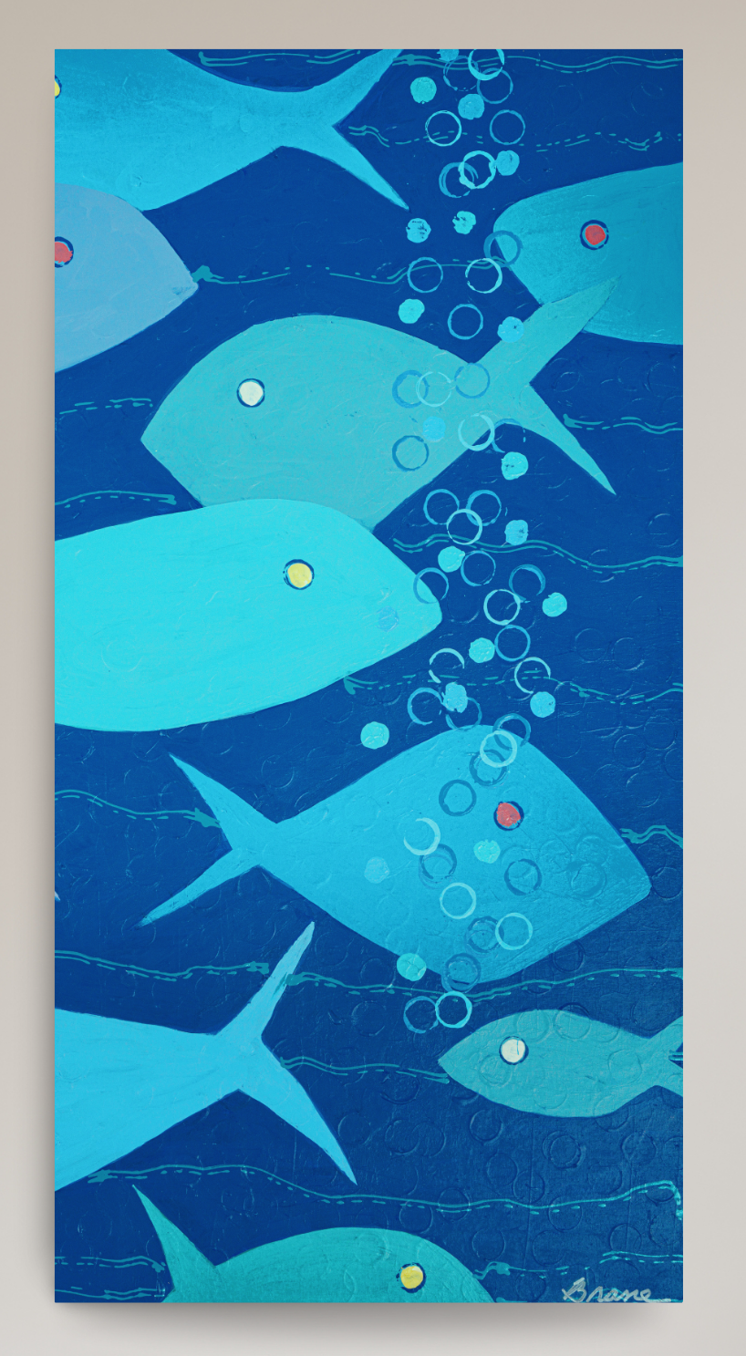 A vertical abstract art print depicting stylized blue and turquoise fish swimming underwater with rising bubbles, set against a dark blue background with a light beige border around the print.